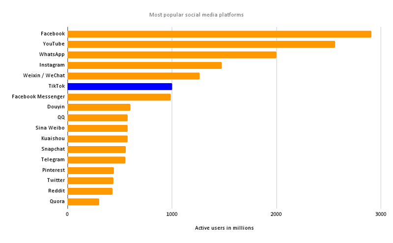 A statistic showing the ranking of the most popular social media platforms.